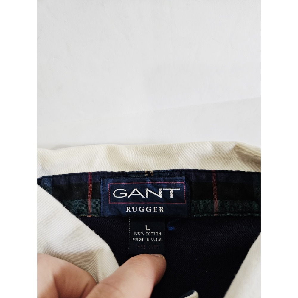 Gant Rugger Mens Vintage Striped Rugby Shirt Navy Teal Burgundy USA Made Large - Picture 4 of 6
